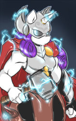 Size: 800x1267 | Tagged: safe, artist:duckdraw, rarity, anthro, g4, armor, armpits, crossover, electricity, female, frown, glare, hammer, lightning, looking at you, marvel, mask, mjölnir, muscles, ripped rarity, solo, thor, war hammer, weapon