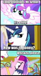 Size: 500x921 | Tagged: safe, edit, edited screencap, screencap, princess cadance, princess flurry heart, shining armor, g4, the crystalling, alcohol, caption, comic, food, image macro, male, meme, ouch, reference, simpsons did it, text, the simpsons, whiskey