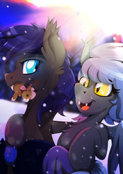 Size: 1358x1920 | Tagged: safe, artist:rariedash, oc, oc only, oc:au hasard, oc:panne, bat pony, pony, blizzard, couple, fangs, gingerbread pony, mouth hold, pasard, slit pupils, smiling, snow, snowfall