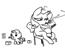 Size: 781x577 | Tagged: safe, artist:nobody, rarity, sweetie belle, pony, unicorn, g4, baby, baby pony, bad parenting, chair, cigarette, dark comedy, electrical outlet, foal, foalsitter, fork, imminent electrocution, magic, monochrome, nail file, neglect, second hand smoke, sitting, sketch, smoking, sweetie fail, telekinesis, this will end in tears and/or death, this will not end well, ungrounded socket, younger