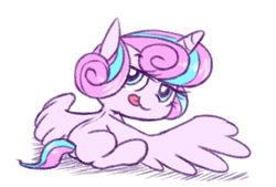 Size: 636x431 | Tagged: safe, artist:raridashdoodles, princess flurry heart, alicorn, pony, g4, season 6, :p, cute, female, flurrybetes, foal, lidded eyes, looking at you, looking back, sitting, smiling, solo, spread wings, tongue out