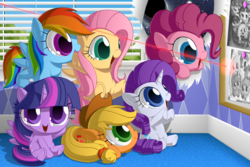 Size: 1500x1000 | Tagged: safe, artist:berrypawnch, applejack, fluttershy, pinkie pie, rainbow dash, rarity, twilight sparkle, alicorn, earth pony, pegasus, pony, unicorn, g4, behaving like a cat, berrypawnch is trying to murder us, berrypawnch murdered us, breaking the fourth wall, chibi, clothes, cowboy hat, cute, dashabetes, diapinkes, female, hat, hnnng, jackabetes, laser pointer, looking at you, mane six, mare, open mouth, photo, pinkie being pinkie, raribetes, shyabetes, smiling, space, stars, stetson, twiabetes, twilight sparkle (alicorn), waving, weapons-grade cute, window