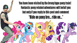 Size: 1152x652 | Tagged: safe, applejack, fluttershy, pinkie pie, rainbow dash, rarity, twilight sparkle, human, g4, brony, desktop ponies, irl, irl human, meme, op is a duck, photo, pixel art, text