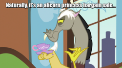 Size: 640x360 | Tagged: safe, edit, edited screencap, screencap, discord, princess flurry heart, draconequus, g4, make new friends but keep discord, the crystalling, annoyed, caption, dialogue, dragon ball, dragon ball z, fluttershy's cottage, image macro, male, meme, pica, reference, solo, super saiyan bargain sale, teacup, text, vegeta