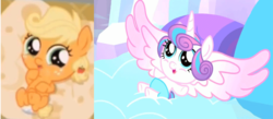 Size: 741x324 | Tagged: safe, screencap, applejack, princess flurry heart, alicorn, earth pony, pony, g4, season 6, baby, baby pony, babyjack, comparison, diaper, female, foal, freckles