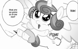 Size: 930x581 | Tagged: safe, princess flurry heart, alicorn, pony, g4, season 6, baby, bed, comedy and tragedy, dialogue, diaper, female, implied babycon, monochrome, on back, on bed, open mouth, pomf, smiling, solo, spread wings, wah, what are we gonna do on the bed?