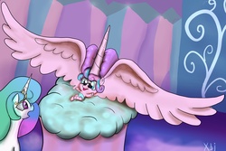 Size: 2994x2000 | Tagged: safe, artist:xbi, princess flurry heart, alicorn, pony, g4, the crystalling, baby, baby flurry heart, baby pony, cloud, diaper, drama, exaggerated anatomy, female, flurry heart drama, high res, horn, impossibly large horn, impossibly large wings, large wings, mare, open mouth, smiling, spread wings, this isn't even my final form, tongue out, wide eyes
