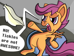 Size: 1000x750 | Tagged: safe, artist:fillerartist, scootaloo, g4, angry, feather, female, solo, speech bubble, tickling, unamused