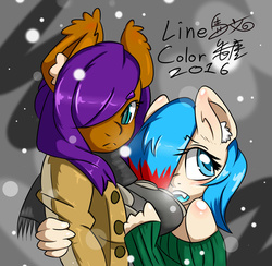 Size: 2048x2000 | Tagged: safe, artist:cutiepoppony, artist:umabun, artist:馬文, oc, oc only, oc:cordon, oc:watercolor lollipop, anthro, anthro oc, blushing, breasts, female, high res, snow, snowfall