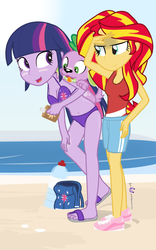 Size: 625x1000 | Tagged: safe, artist:dm29, spike, sunset shimmer, twilight sparkle, dog, human, equestria girls, g4, beach, belly button, bikini, clothes, down under summer, feet, green eyes, gym shorts, hand on hip, multicolored hair, outdoors, purple eyes, purple skin, sandals, shiny skin, shoes, shorts, sneakers, spike the dog, sun, sunscreen, swimsuit, tank top, tomboy, trio, yellow skin