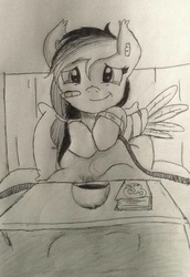 Size: 520x757 | Tagged: safe, artist:gingerthefox, rainbow dash, pegasus, pony, g4, bandage, bandaged wing, bandaid, blanket, book, bowl, daring do book, female, hospital, monochrome, solo, traditional art, wings