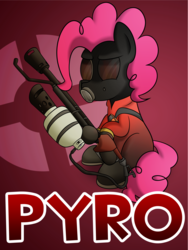 Size: 3000x4000 | Tagged: safe, artist:10art1, pinkie pie, earth pony, pony, g4, clothes, cosplay, costume, female, flamethrower, goggles, mare, mask, pinkie pyro, pyro (tf2), solo, team fortress 2, weapon