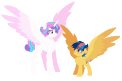 Size: 3000x2000 | Tagged: safe, artist:kianamai, princess flurry heart, oc, oc:starburst, alicorn, pegasus, pony, kilalaverse, g4, season 6, colored wings, colored wingtips, concave belly, cousins, eye contact, female, floppy ears, frown, height difference, high res, large wings, lineless, long legs, mare, next generation, offspring, older, older flurry heart, parent:flash sentry, parent:twilight sparkle, parents:flashlight, physique difference, raised eyebrow, simple background, slender, smiling, smirk, spread wings, tall, thin, transparent background, wing envy, wings