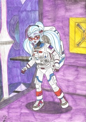 Size: 2469x3498 | Tagged: safe, artist:metaldudepl666, sugarcoat, equestria girls, g4, my little pony equestria girls: friendship games, astronaut, drawing, female, high res, looking at you, open mouth, solo, spacesuit, story in the source, traditional art