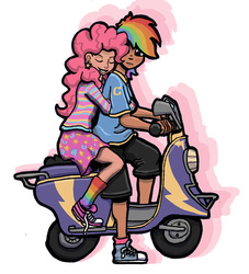 Size: 800x881 | Tagged: safe, artist:sensko, pinkie pie, rainbow dash, human, g4, blushing, clothes, converse, eyes closed, female, hug from behind, humanized, lesbian, moped, riding in tandem, ship:pinkiedash, shipping, shoes