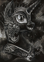 Size: 600x842 | Tagged: safe, artist:arnne, nightmare moon, g4, female, grayscale, grin, monochrome, portrait, solo, traditional art
