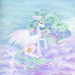 Size: 800x800 | Tagged: safe, artist:anoyliss, princess celestia, g4, eyes closed, female, majestic, sitting, solo, spread wings, traditional art