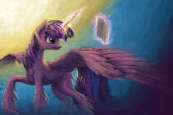 Size: 1600x1067 | Tagged: safe, artist:xormak, twilight sparkle, alicorn, pony, g4, book, female, fluffy, flying, magic, mare, solo, telekinesis, twilight sparkle (alicorn), unshorn fetlocks