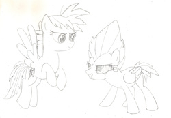 Size: 3205x2220 | Tagged: safe, artist:chronicle23, lightning dust, rainbow dash, g4, alternate hairstyle, dragon ball, dragon ball z, high res, monochrome, scouter, son goku, vegeta