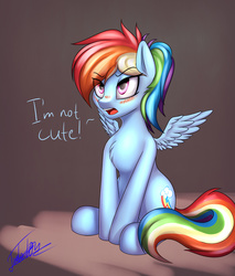 Size: 4000x4700 | Tagged: safe, artist:elzzombie, rainbow dash, pegasus, pony, g4, blatant lies, blushing, chest fluff, cute, dashabetes, embarrassed, female, fluffy, glare, i'm not cute, mare, open mouth, ponytail, simple background, sitting, solo, spread wings, truth, tsunderainbow, tsundere