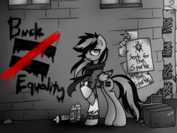 Size: 1600x1200 | Tagged: safe, artist:jadekettu, twilight sparkle, oc, oc only, black and white, equality, equalized, graffiti, grayscale, resistance, solo, spray can, vandalism