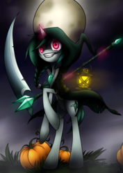 Size: 2480x3507 | Tagged: safe, artist:jadekettu, oc, oc only, oc:jadekettu, full moon, halloween, high res, night, nightmare, scythe, solo