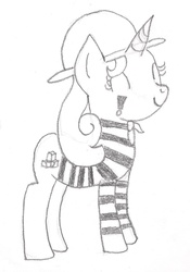 Size: 833x1190 | Tagged: safe, artist:barryfrommars, quiet gestures, g4, princess spike, clothes, hat, mime, monochrome, no tail, shirt, sketch, smiling, traditional art