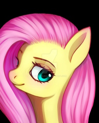Size: 1024x1265 | Tagged: safe, artist:sinekrilka, fluttershy, g4, black background, bust, female, looking at you, portrait, simple background, solo, watermark