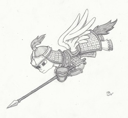 Size: 930x859 | Tagged: safe, artist:sensko, pegasus, pony, armor, black and white, grayscale, mongol, monochrome, pencil drawing, solo, spear, traditional art, weapon