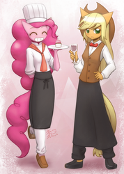 Size: 1000x1407 | Tagged: safe, artist:howxu, applejack, pinkie pie, anthro, g4, alcohol, bowtie, chef's hat, clothes, cowboy hat, cupcake, duo, eyes closed, female, food, hat, long skirt, skirt, stetson, waitress, wine