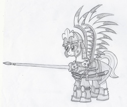 Size: 972x823 | Tagged: safe, artist:sensko, earth pony, pony, armor, black and white, female, grayscale, hussar, lance, mare, monochrome, pencil drawing, solo, sword, traditional art, weapon, winged hussar