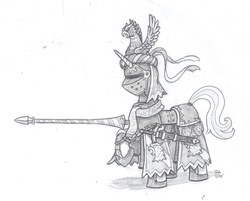 Size: 997x802 | Tagged: safe, artist:sensko, pony, unicorn, armor, black and white, chevalier, fantasy class, grayscale, helmet, knight, lance, monochrome, pencil drawing, prance, solo, sword, traditional art, warrior, weapon