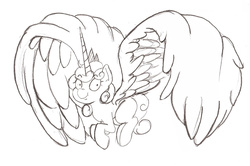 Size: 1502x1000 | Tagged: safe, princess flurry heart, g4, season 6, female, filly, horn, impossibly large horn, impossibly large wings, large wings, long horn, monochrome, solo, wings