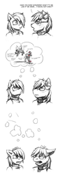 Size: 1280x3854 | Tagged: safe, artist:krd, oc, oc only, oc:clipped wings, oc:tight fit, earth pony, pegasus, anthro, unguligrade anthro, bucket, clothes, collar, comic, dialogue, disgusted, ear piercing, female, food, glasses, male, monochrome, piercing, scarf, sketch, skinny jeans, strawberry, the horror, thought bubble, writing