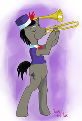 Size: 1024x1511 | Tagged: safe, artist:yuuri ishtar, discord, pony, g4, my little pony chapter books, my little pony: discord and the ponyville players dramarama, male, musical instrument, musician, ponified, pony discord, solo, species swap, tony stanza, trombone