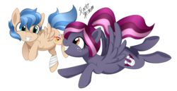 Size: 3800x1968 | Tagged: safe, artist:scarlet-spectrum, oc, oc only, oc:rocket tier, oc:spotlight splash, equestria daily, flying, simple background, transparent background