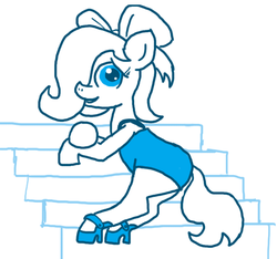 Size: 640x600 | Tagged: safe, artist:ficficponyfic, oc, oc only, oc:emerald jewel, earth pony, pony, colt quest, bow, child, clothes, colt, crossdressing, dress, femboy, foal, hair bow, high heels, hooker, male, pose, prostitute, shoes, solo, stairs, story included, trap, young