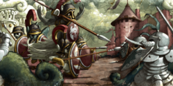 Size: 1024x512 | Tagged: safe, artist:lordgood, armor, fantasy class, hoplite, knight, shield, spear, sword, war, warrior, weapon