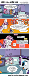 Size: 1010x2612 | Tagged: safe, artist:pony-berserker, applejack, pinkie pie, rarity, sweetie belle, earth pony, pony, unicorn, g4, bait and switch, bedroom eyes, carousel boutique, circling stars, coffee, comic, cup, dizzy, earth pony problems, eavesdropping, exclamation point, eyes closed, fainted, female, filly, gritted teeth, i can't believe it's not idw, messy mane, passed out, raritroll, scarred, scarred for life, shocked, smiling, speech bubble, table, talking, text, tongue out, trolling