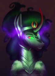 Size: 758x1053 | Tagged: safe, artist:vivalis-soul, king sombra, g4, curved horn, dark magic, grin, horn, magic, male, solo, sombra eyes