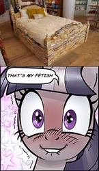Size: 430x740 | Tagged: safe, artist:pencils, edit, twilight sparkle, alicorn, pony, comic:anon's pie adventure, g4, bed, bibliophile, blushing, book, bookhorse, eye shimmer, eyes on the prize, female, fetish, lip bite, looking at you, mare, reaction image, shaking, shivering, solo, starry eyes, stars, that is my fetish, that pony sure does love books, twilight sparkle (alicorn), wide eyes, wingding eyes