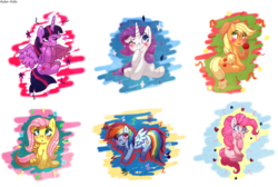 Size: 3640x2448 | Tagged: safe, artist:asika-aida, applejack, fluttershy, pinkie pie, rainbow dash, rarity, twilight sparkle, alicorn, pony, g4, cute, dashabetes, diapinkes, female, high res, jackabetes, mane six, mare, raribetes, shyabetes, twiabetes, twilight sparkle (alicorn)