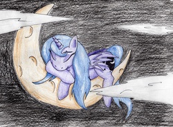 Size: 3037x2223 | Tagged: safe, artist:40kponyguy, derpibooru exclusive, princess luna, g4, crescent moon, cute, female, high res, lunabetes, sleeping, solo, tangible heavenly object, traditional art