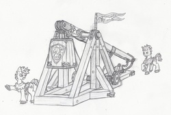 Size: 1024x690 | Tagged: safe, artist:sensko, pony, unicorn, banner, black and white, grayscale, monochrome, pencil drawing, traditional art, trebuchet