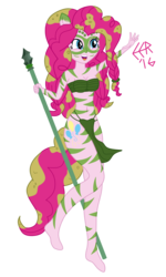 Size: 1813x3013 | Tagged: safe, artist:e-e-r, pinkie pie, equestria girls, g4, my little pony: friendship is magic, the cutie re-mark, alternate timeline, bandeau, belly button, breasts, chrysalis resistance timeline, cleavage, female, jungle girl, loincloth, midriff, ponied up, simple background, smiling, solo, spear, transparent background, tribal, tribal pie, weapon