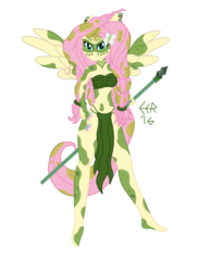 Size: 2550x3510 | Tagged: safe, artist:e-e-r, fluttershy, equestria girls, g4, my little pony: friendship is magic, the cutie re-mark, alternate timeline, bandeau, barefoot, belly button, breasts, chrysalis resistance timeline, cleavage, clothes, equestria girls-ified, feet, female, high res, jungle girl, loincloth, midriff, ponied up, simple background, skirt, solo, spear, transparent background, tribal, tribalshy, weapon