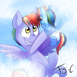 Size: 1024x1024 | Tagged: safe, artist:fj-c, rainbow blaze, rainbow dash, pony, g4, baby, baby dash, baby pony, diaper, father and daughter, filly, filly rainbow dash, foal, parent, younger
