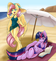 Size: 1010x1094 | Tagged: safe, artist:ambris, fluttershy, twilight sparkle, alicorn, pegasus, anthro, unguligrade anthro, beach, beach umbrella, bikini, book, cleavage, clothes, colored pupils, cute, duo, duo female, female, hat, lesbian, midriff, one-piece swimsuit, open mouth, shipping, shyabetes, swimsuit, twiabetes, twilight sparkle (alicorn), twishy, umbrella