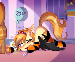 Size: 1280x1059 | Tagged: dead source, safe, artist:spookyle, oc, oc only, oc:pumpkin patch, bat pony, pony, alcohol, balloon, blushing, bottle, clothes, drunk, face down ass up, food, socks, solo