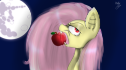 Size: 2560x1438 | Tagged: safe, artist:michyfactory, fluttershy, bat pony, pony, g4, apple, female, flutterbat, food, mare in the moon, moon, solo